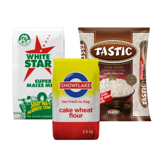 Combo Deal White Star Maize Meal 2.5kg, Snowflake Cake Flour 2.5kg  & Tastic Rice 2kg