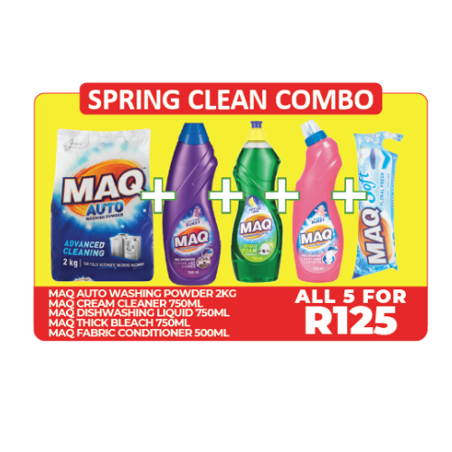 Combo Deal Maq Washing Powder Auto 2kg, Maq Cream Cleaner 750ml, Maq Dishwashing Liquid 750ml, Maq Thick Bleach 750ml, Maq Fabric Conditioner 500ml