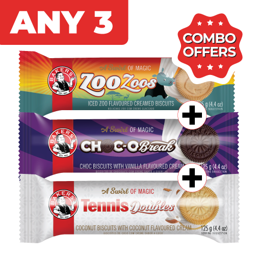 Combo Bakers Tennis+Zoo Creams+Choc O Break Biscuits Any 3