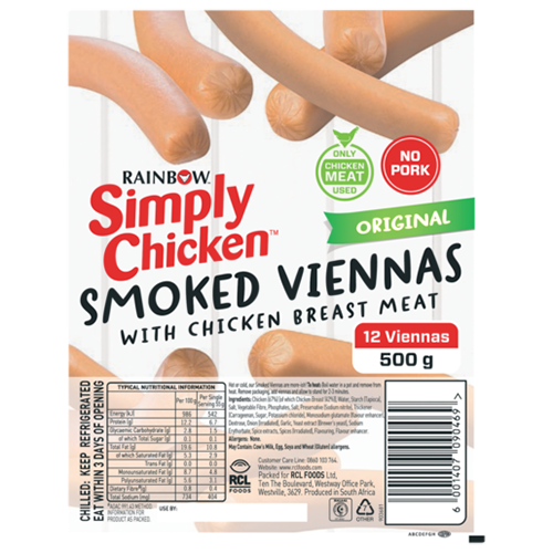 Rainbow Simply Chicken Original Viennas 500g