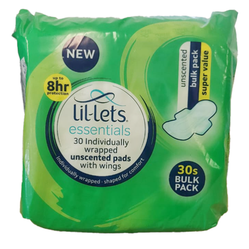 Lil-Lets Essentials Unscented Individually Wrapped Pads with Wings 30's