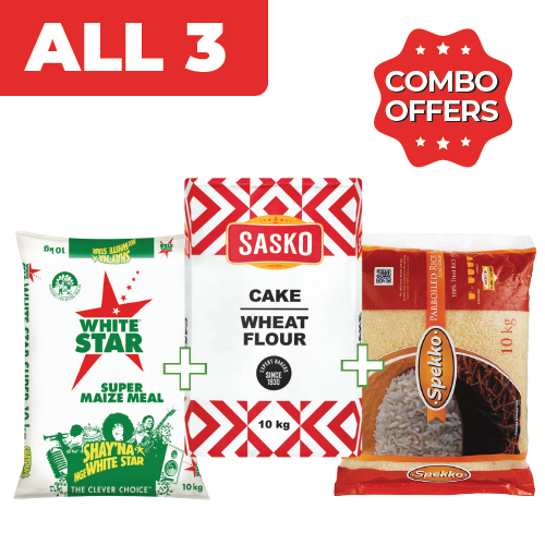 Combo 10kg-White Star Maize Meal+Sasko Cake Flour+Spekko Rice