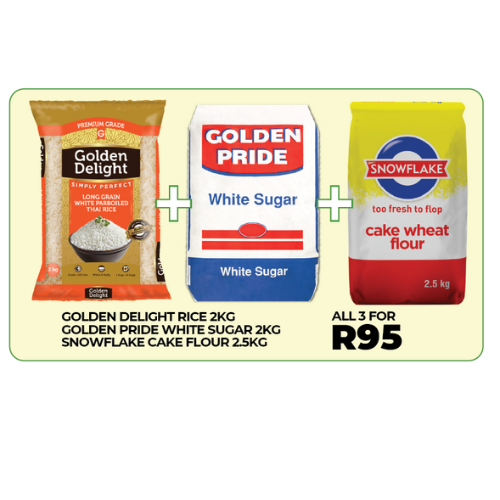 Combo Deal Golden Delight Rice 2kg + Golden Pride Sugar 2kg + Snowflake Cake Flour 2.5kg
