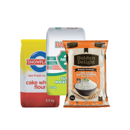 Combo Snowflake flour 2.5kg, Iwisa Maize Meal 2.5kg and Golden Delight Long Grain Thai Rice 2kg