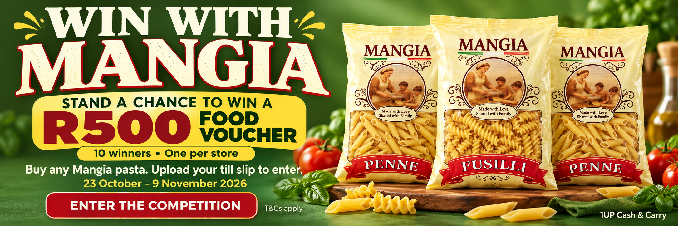 Buy any Mangia pasta and stand a chance to win one of 10 R500 food vouchers. Entries close 9 November 2026.